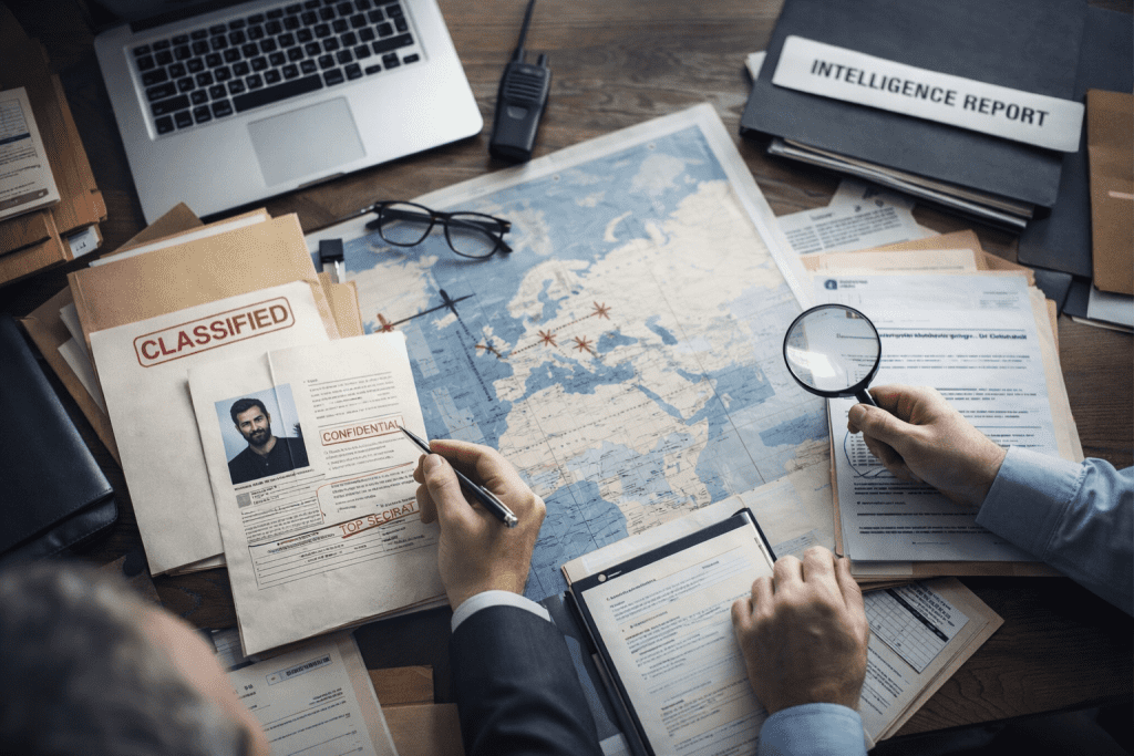 private investigator analyzing documents and intelligence during investigation