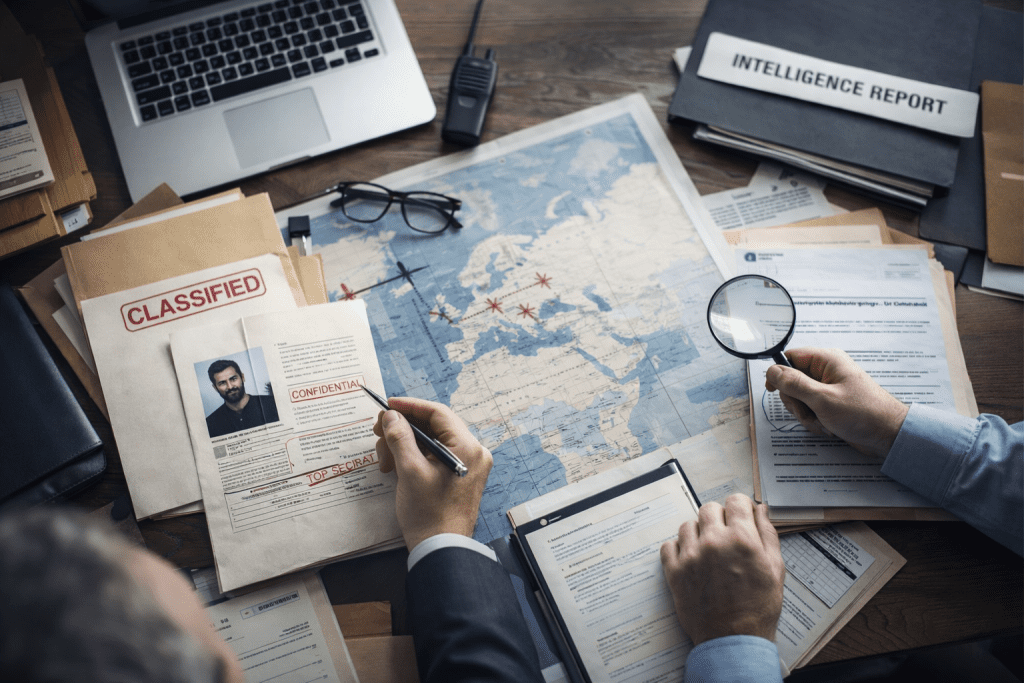Analisi investigativa con documenti e mappa durante un'indagine privata professionale