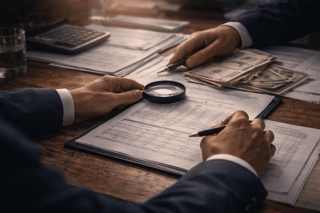 investigatore analizza documenti finanziari per individuare frodi aziendali