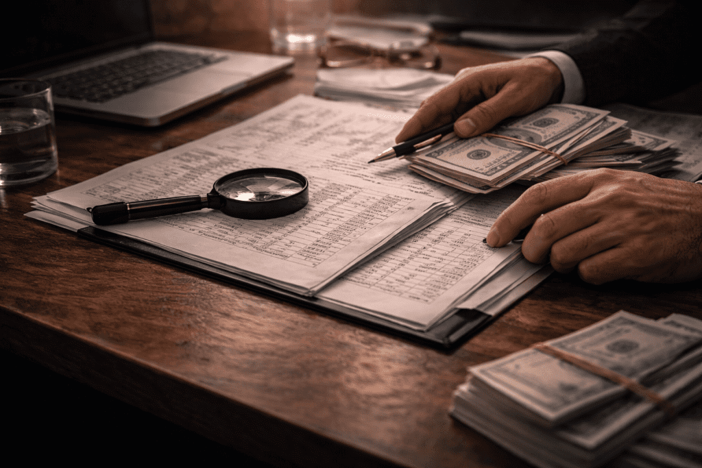 Corporate theft investigation involving money, documents, and financial fraud analysis