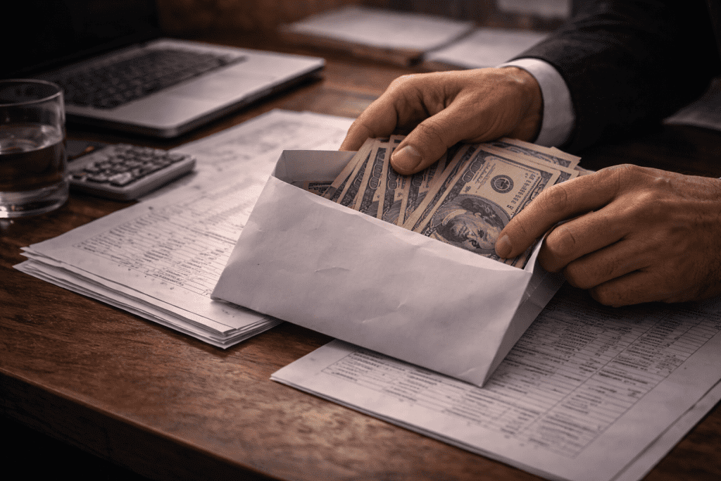 Employee stealing company money from envelope, internal theft investigation scenario