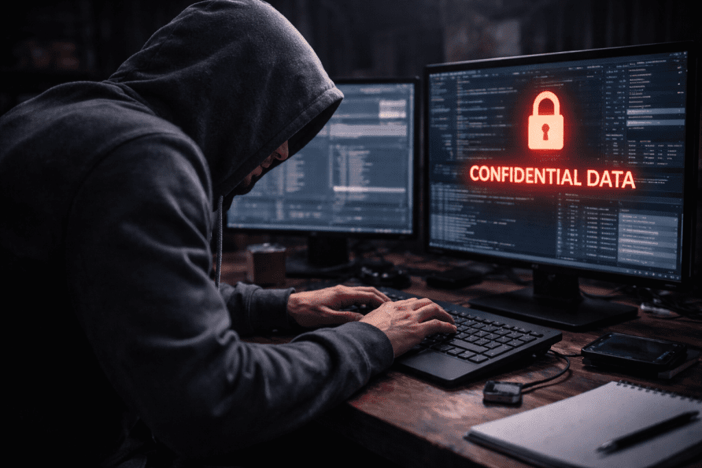 Cyber theft and data breach investigation with hacker accessing company systems