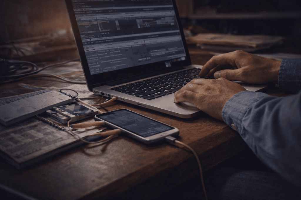 analisi forense digitale su laptop con smartphone collegato per recupero dati cancellati da dispositivi elettronici