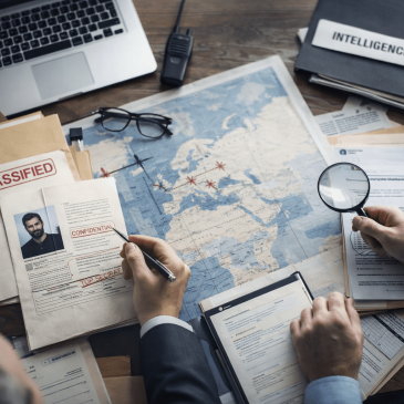 Analisi investigativa con documenti e mappa durante un'indagine privata professionale